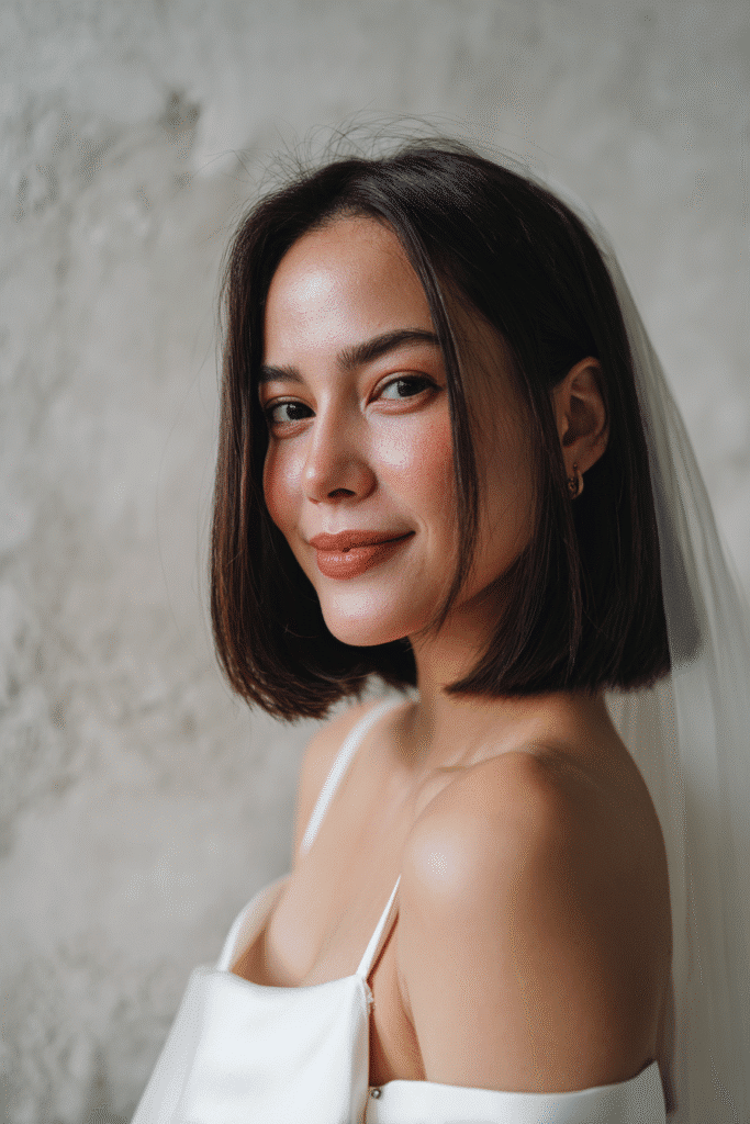 A gorgeous young American bride with a warm skin tone and friendly expression, showcasing sleek blunt cut with veil wedding hairstyle. The hair is a sleek blunt bob with bangs and a subtle veil, colored dark chestnut, styled elegantly. She is dressed in an elegant bridal gown, captured in soft natural lighting with subtle makeup, set against a textured plaster backdrop with minimal texture for an Instagram-style beauty photo.
