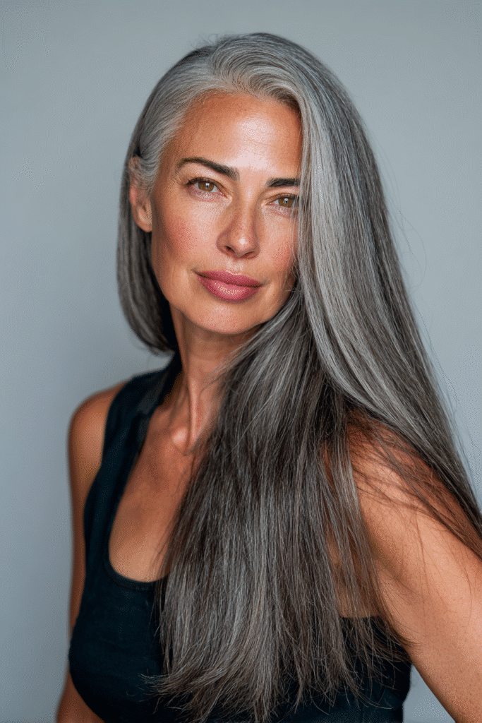 Long, silky straight hair with a perfect center part, creating a symmetrical and polished look. Captured in high resolution to highlight the glossy finish.