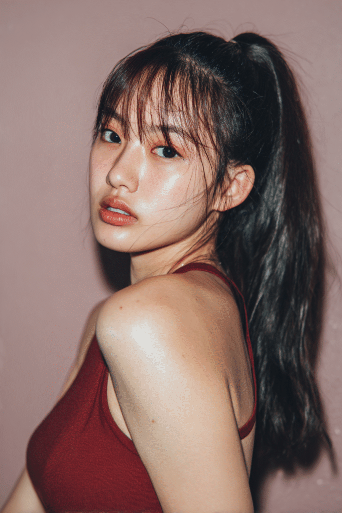 A young American female model with a warm skin tone and friendly expression, showcasing a Sleek High Ponytail with Micro Fringe hairstyle. The hair features a foxy layered straight style, set against a soft gray fabric backdrop with minimal texture. She wears subtle makeup and a trendy casual outfit, captured in soft natural lighting for an Instagram-style beauty photo..