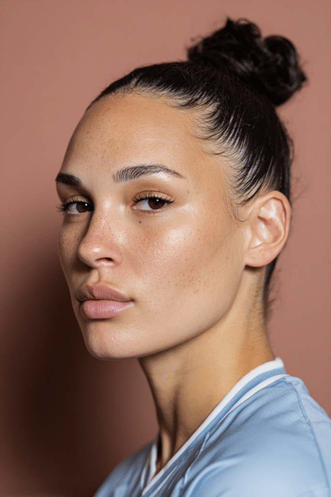 A vibrant female athlete in her 20s with short hair, styled in a sleek low bun with a polished finish, captured in a close-up shot focusing on the hair, photographed against a seamless soft mauve backdrop with a glossy sheen. She has subtle makeup, a volleyball uniform, a warm skin tone, and a confident expression, captured with bright natural lighting and a sporty vibe.