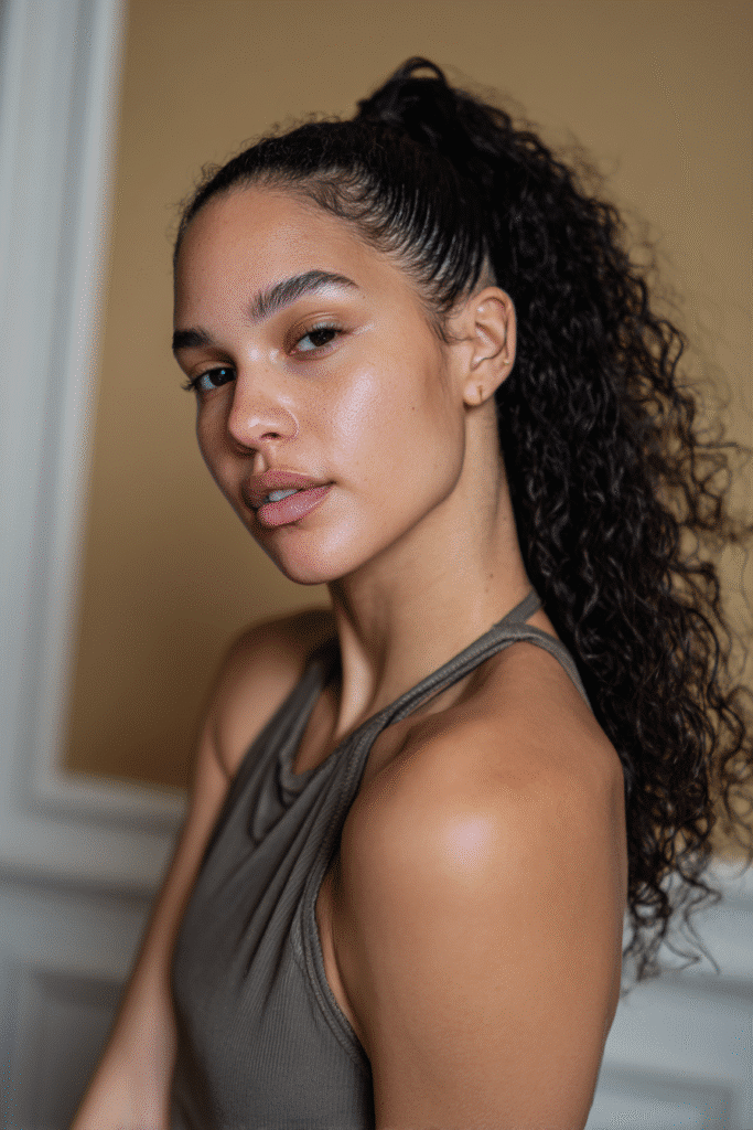 A stunning young woman in her 20s with natural skin tone, showcasing a homecoming hairstyle with a sleek part with curly ponytail, featuring a side part and curly ponytail, captured in a close-up shot focusing on the hair, photographed against a seamless warm olive backdrop with a glossy sheen. She has subtle makeup, a chic homecoming dress, realistic hair texture, warm skin tone, and a confident expression, captured with soft natural lighting and an Instagram-style beauty vibe.