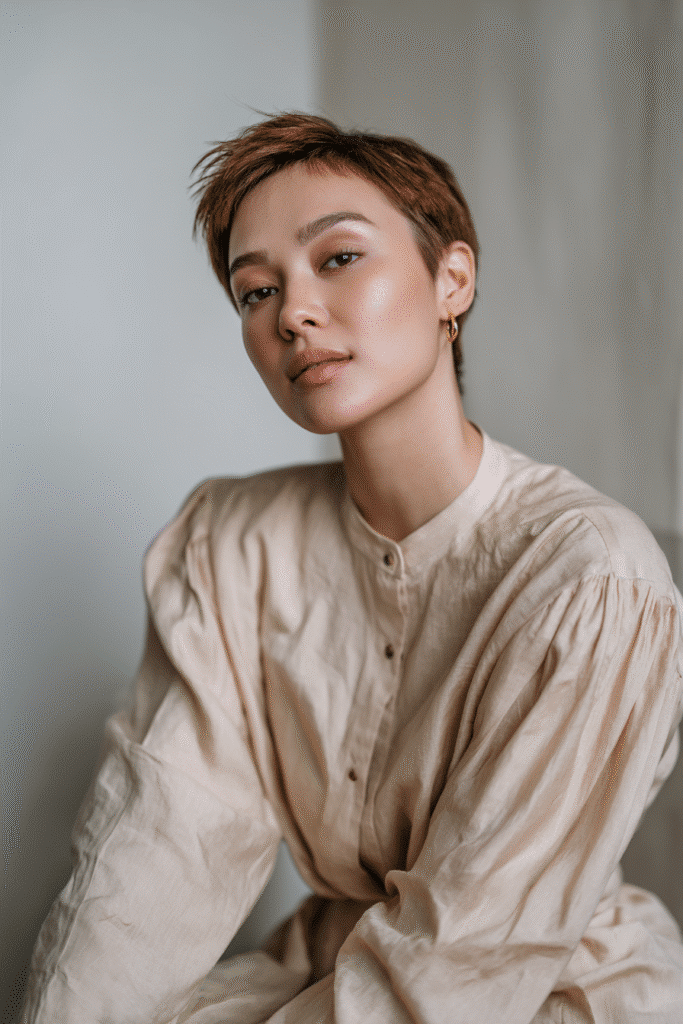 A gorgeous young woman with a natural look showcasing a sleek slicked-back pixie cut in a light caramel shade, wearing an elegant full-length dress with satin long sleeves, radiant expression, warm skin tone, against a seamless soft linen backdrop with a matte finish.