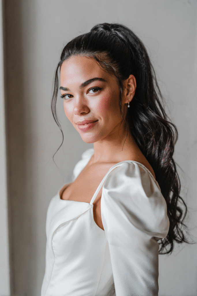 A gorgeous young Black American bride with a sleek high ponytail and a wrapped base in a vibrant ebony shade, wearing an elegant full-length winter wedding dress with silk long sleeves, radiant expression, warm skin tone, against a seamless soft linen backdrop with a matte finish, silver ribbon accents in a winter mood.