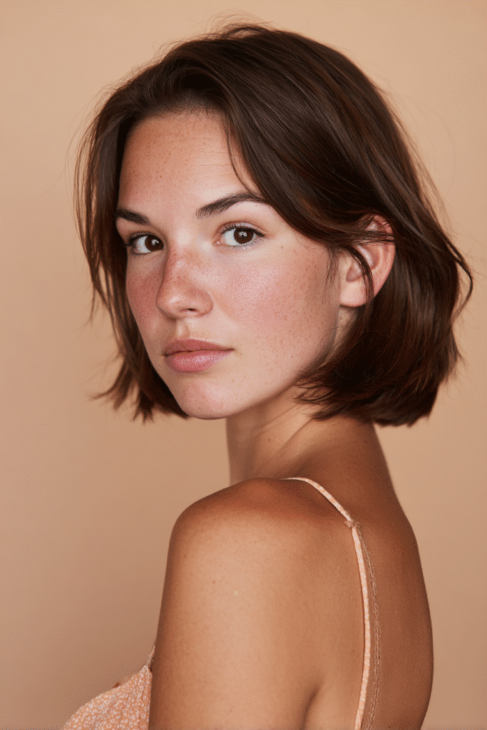 A gorgeous young female model in her 20s with natural skin tone, showcasing a prom hairstyle for short hair with a sleek side-parted bob, featuring a deep side part for sophistication, captured in a close-up shot focusing on the hair, photographed against a seamless warm peach backdrop with matte texture. She has subtle makeup, an elegant full-shirt prom dress, realistic hair texture, warm skin tone, and a friendly expression, captured with soft natural lighting and an Instagram-style beauty vibe.