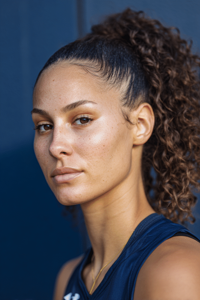A vibrant female athlete in her 20s with shoulder-to-waist-length curly hair, styled in a sleek updo for curly hair with a polished finish, captured in a close-up shot focusing on the hair, photographed against a seamless soft navy backdrop with a glossy sheen. She has subtle makeup, a volleyball uniform, a warm skin tone, and a confident expression, captured with bright natural lighting and a sporty vibe.