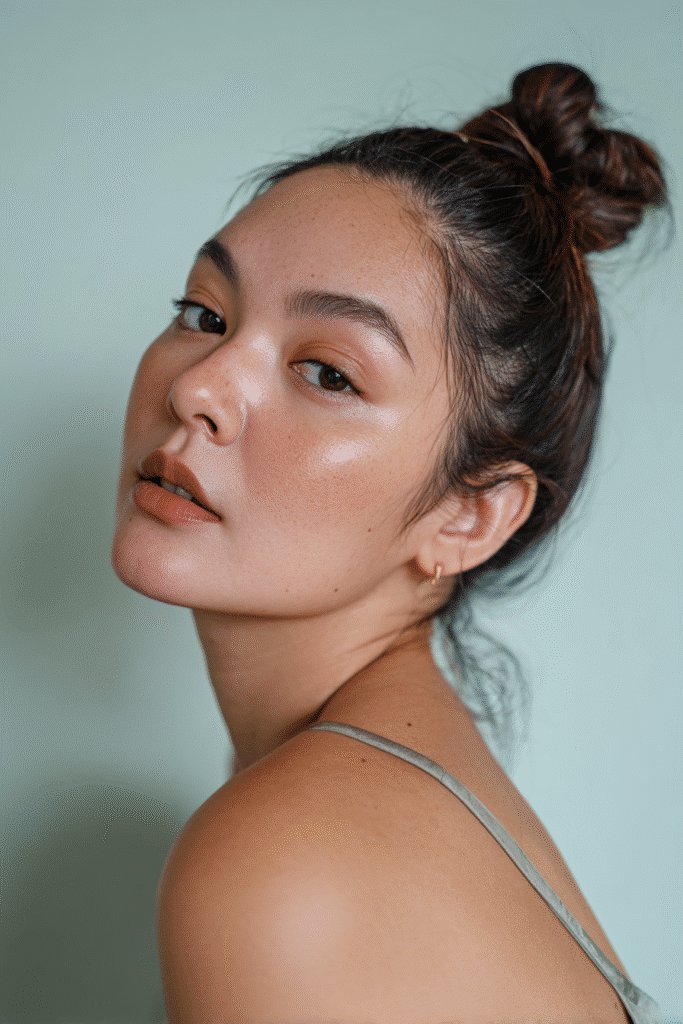 A stunning young woman in her 20s with natural skin tone, showcasing a homecoming hairstyle for medium hair with a sleek and smooth bun, featuring a high, polished bun with medium-length hair, captured in a close-up shot focusing on the hair, photographed against a seamless light aqua backdrop with a smooth texture. She has subtle makeup, a chic homecoming dress, realistic hair texture, warm skin tone, and a confident expression, captured with soft natural lighting and an Instagram-style beauty vibe.