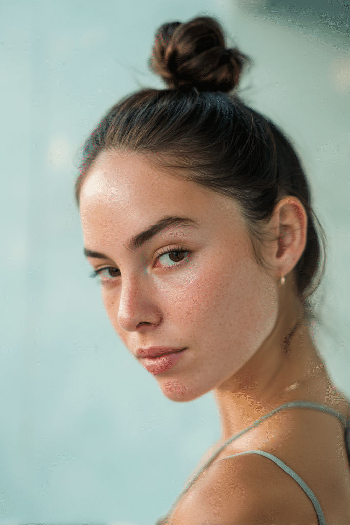 A stunning young woman in her 20s with natural skin tone, showcasing a homecoming hairstyle with a sleek and smooth bun, featuring a high, polished bun, captured in a close-up shot focusing on the hair, photographed against a seamless light aqua backdrop with a smooth texture. She has subtle makeup, a chic homecoming dress, realistic hair texture, warm skin tone, and a confident expression, captured with soft natural lighting and an Instagram-style beauty vibe.