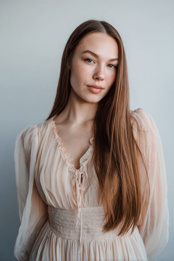 A gorgeous young bride with a natural look showcasing sleek straight hair with a deep side part in a natural light brown shade, wearing an elegant full-length wedding dress with chiffon long sleeves, radiant expression, warm skin tone, against a seamless soft linen backdrop with a matte finish.