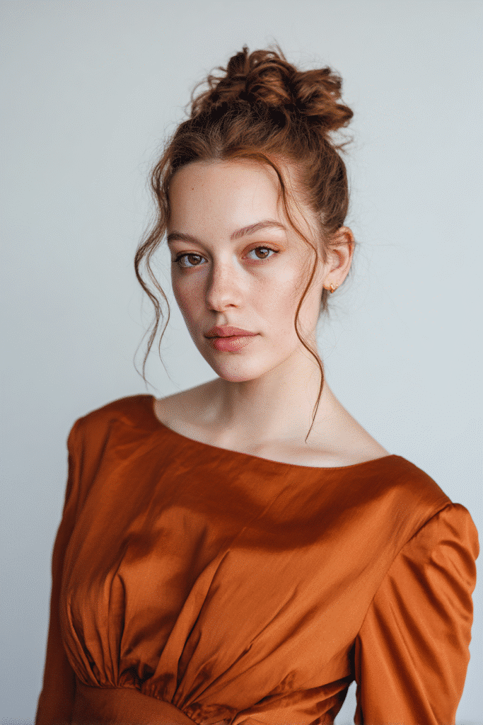 A gorgeous young woman with a natural look displaying a sleek bun from curly hair in a warm chestnut shade, wearing an elegant full-length dress with satin long sleeves, radiant expression, warm skin tone, against a seamless soft linen backdrop with a matte finish.