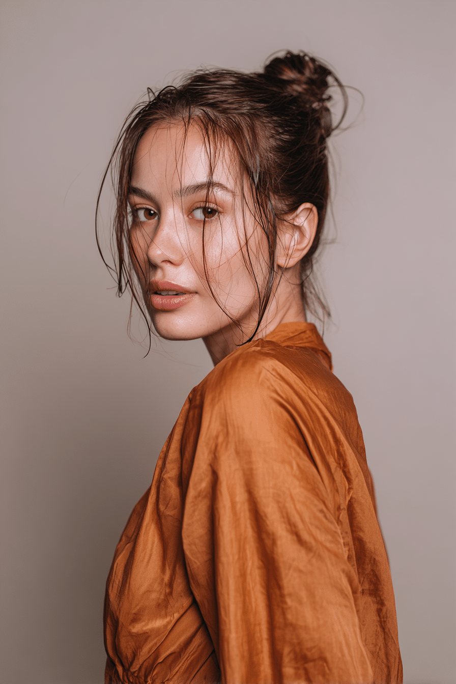 A gorgeous young woman with a natural look showcasing a sleek wet-look bun in a warm auburn shade, wearing an elegant full-length dress with satin long sleeves, radiant expression, warm skin tone, against a seamless soft linen backdrop with a matte finish.