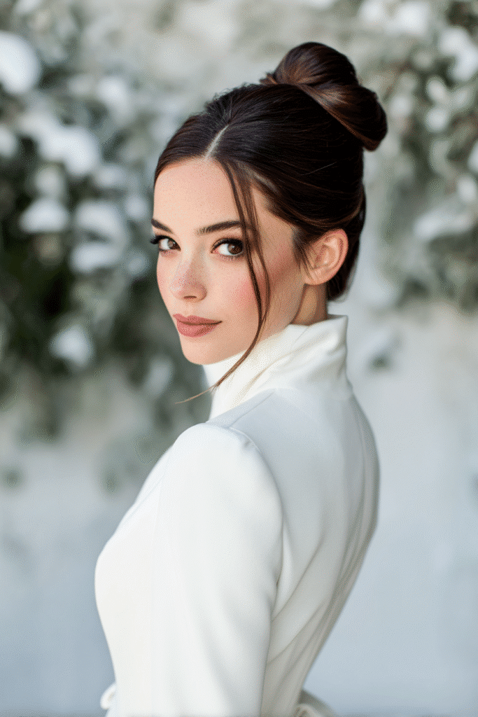 A gorgeous young Black American bride with a sleek high bun with a glossy finish in a jet-black shade, wearing an elegant full-length winter wedding dress with tulle long sleeves, radiant expression, warm skin tone, against a seamless soft linen backdrop with a matte finish, pearl hair accents in a winter mood.