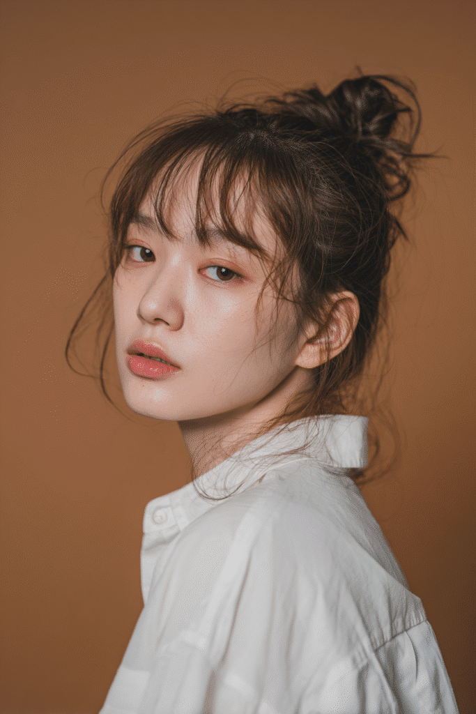 A vibrant young female model in her 20s with natural skin tone, showcasing a 90s messy updo with a slicked-back bun with wispy bangs, featuring a slicked-back messy bun and soft wispy bangs, captured in a close-up shot focusing on the hair, photographed against a seamless warm bronze backdrop with a satin finish. She has subtle makeup, a retro full-shirt 90s outfit, realistic hair texture, warm skin tone, and a friendly expression, captured with soft natural lighting and an Instagram-style beauty vibe.
