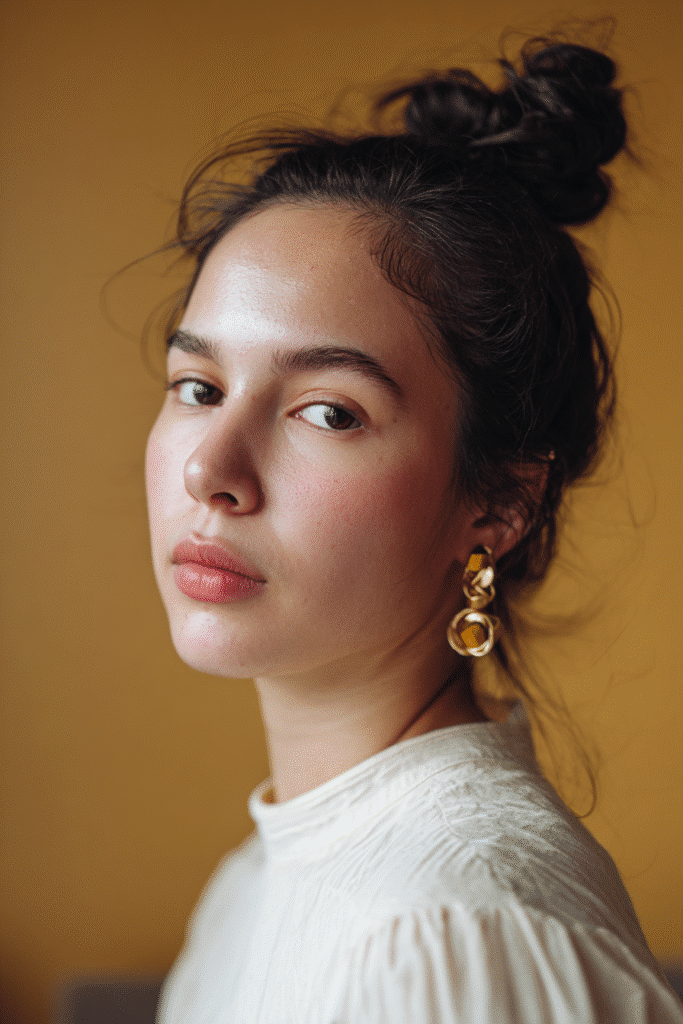 A stunning young female model in her 20s with natural skin tone, showcasing a messy bun hairstyle for wedding with a slicked-back messy bun with statement earrings, featuring a sleek bun and bold earrings, captured in a close-up shot focusing on the hair, photographed against a seamless warm amber backdrop with a matte finish. She has subtle wedding makeup, an elegant full-sleeve wedding gown, realistic hair texture, warm skin tone, and a serene expression, captured with soft natural lighting and an Instagram-style beauty vibe.