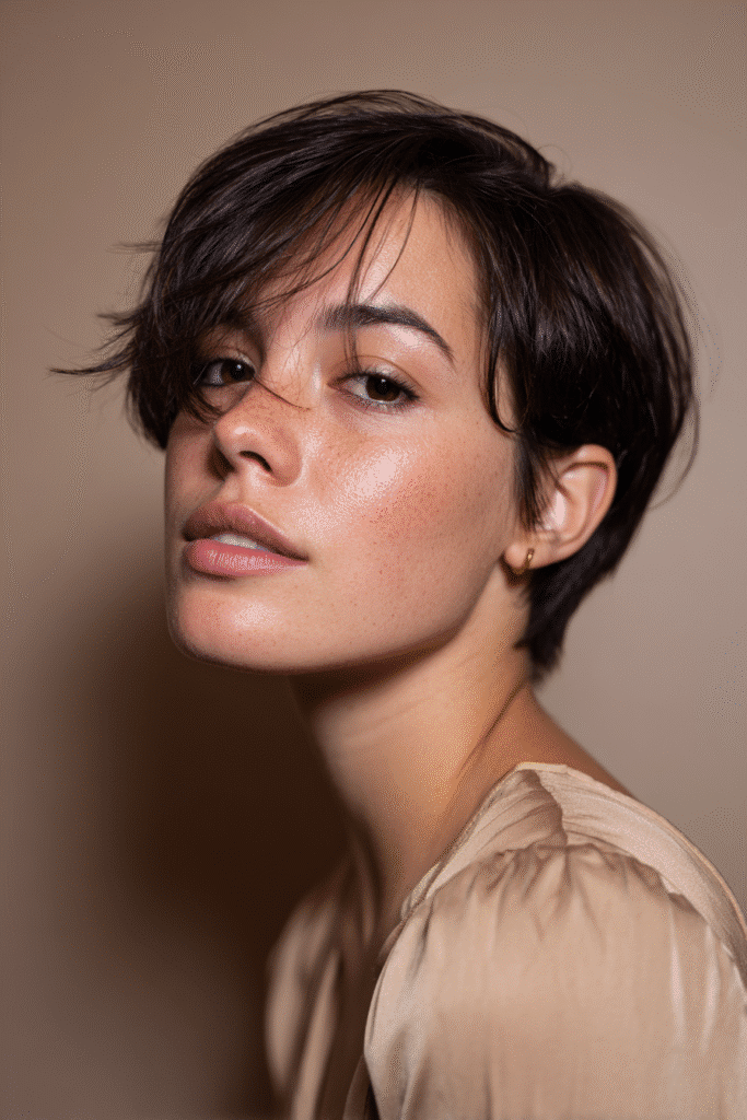 A gorgeous young female model in her 20s with natural skin tone, showcasing a prom hairstyle for short hair with a slicked-back pixie and shine, featuring a polished gel finish, captured in a close-up shot focusing on the hair, photographed against a seamless warm mocha backdrop with satin texture. She has subtle makeup, an elegant full-shirt prom dress, realistic hair texture, warm skin tone, and a friendly expression, captured with soft natural lighting and an Instagram-style beauty vibe.