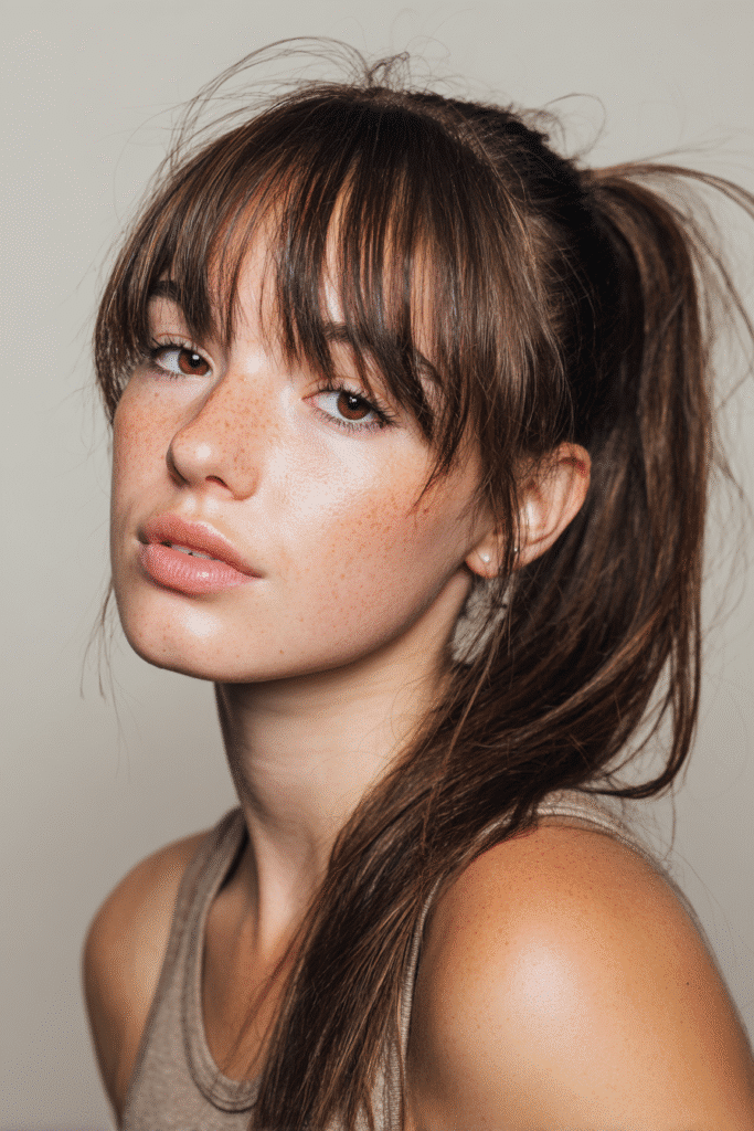 A young American female model with a warm skin tone and friendly expression, showcasing a Slicked-Back Ponytail with Baby Bangs hairstyle. The hair is sleek yaki straight with swoop bangs, set against an urban brick wall backdrop with minimal texture. She wears subtle makeup and a trendy casual outfit, captured in soft natural lighting for an Instagram-style beauty photo.