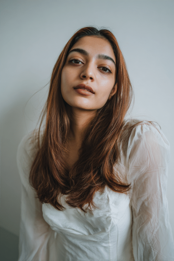 A gorgeous young woman with a natural look featuring sleek slicked-back hair with a soft wave in a warm chestnut shade, wearing an elegant full-length dress with chiffon long sleeves, radiant expression, warm skin tone, against a seamless soft linen backdrop with a matte finish.