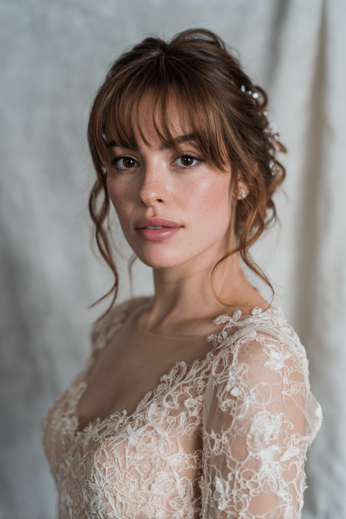 A gorgeous young Black American bride with a voluminous soft blowout and curtain bangs in a deep bronze shade, wearing an elegant full-length winter wedding dress with tulle long sleeves, radiant expression, warm skin tone, against a seamless soft linen backdrop with a matte finish, frosty silver hair accessories in a winter mood.