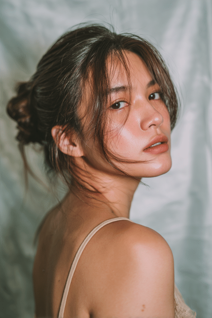 A stunning young woman in her 20s with natural skin tone, showcasing a homecoming hairstyle for medium hair with a soft French twist, featuring an elegant, gentle twist with medium-length hair, captured in a close-up shot focusing on the hair, photographed against a seamless soft mint backdrop with a silky texture. She has subtle makeup, a chic homecoming dress, realistic hair texture, warm skin tone, and a confident expression, captured with soft natural lighting and an Instagram-style beauty vibe.