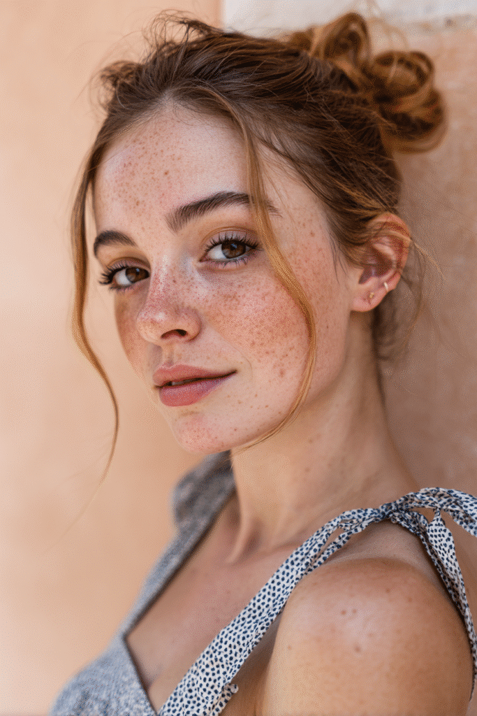 A stunning young woman in her 20s with natural skin tone, showcasing a homecoming hairstyle with a soft French twist, featuring an elegant, gentle twist, captured in a close-up shot focusing on the hair, photographed against a seamless light rose backdrop with a smooth texture. She has subtle makeup, a chic homecoming dress, realistic hair texture, warm skin tone, and a confident expression, captured with soft natural lighting and an Instagram-style beauty vibe.