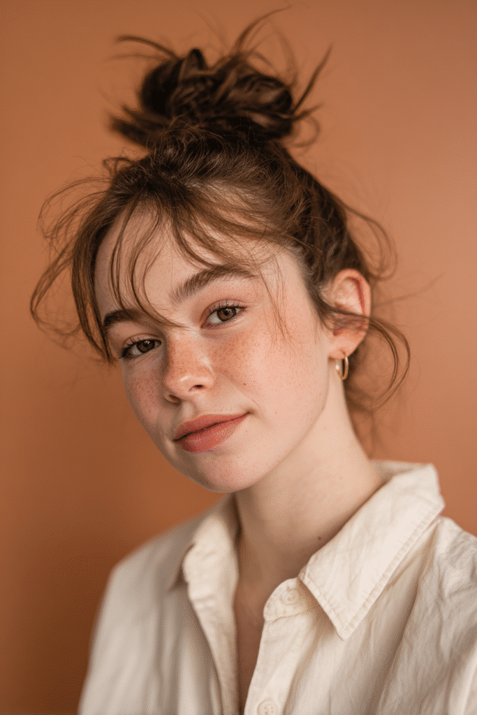 A vibrant young female model in her 20s with natural skin tone, showcasing a 90s messy updo with a spiky 90s bun, featuring high texture with spiky ends, captured in a close-up shot focusing on the hair, photographed against a seamless warm peach backdrop with a matte finish. She has subtle makeup, a retro full-shirt 90s outfit, realistic hair texture, warm skin tone, and a friendly expression, captured with soft natural lighting and an Instagram-style beauty vibe.