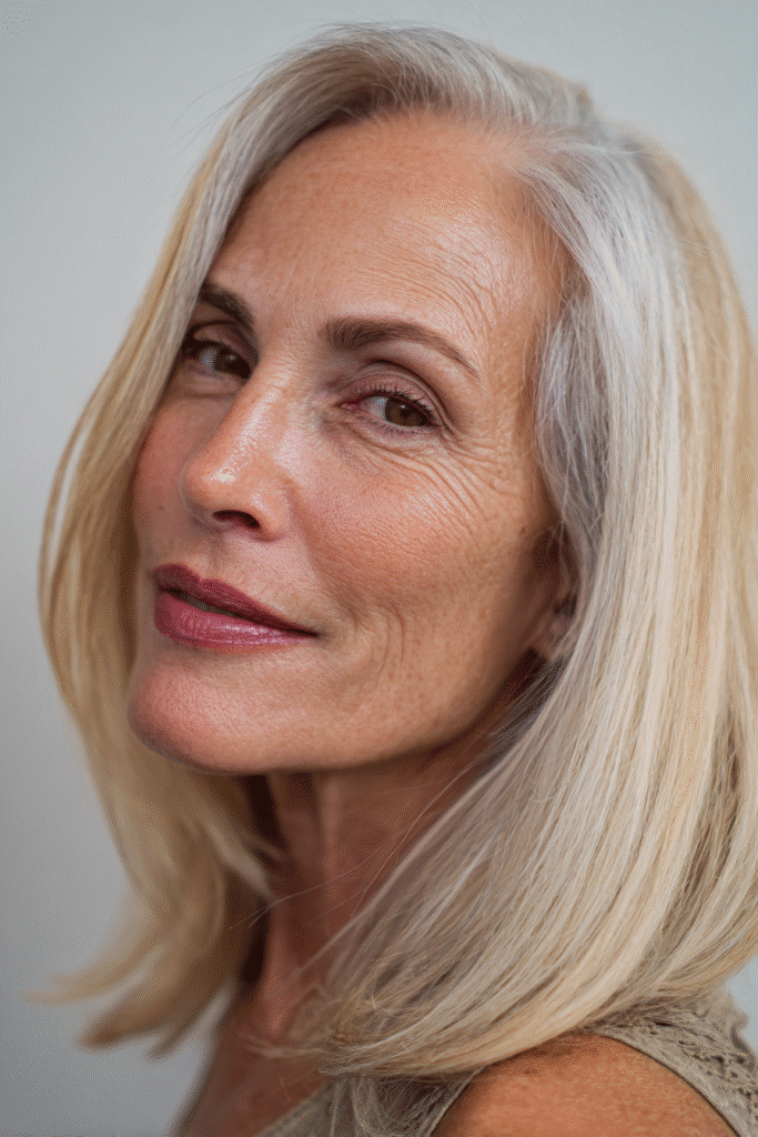 A vibrant American female model over 70 with a distinctly older appearance, showcasing a Blonde Hairstyle For Women Over 70 with a straight long bob and face framing highlights in blonde with silver blends, captured in a close-up shot focusing on the hair, photographed against a seamless light coral backdrop with a smooth surface. She has subtle makeup with deeper wrinkles visible, an elegant outfit, realistic hair texture, warm skin tone, and a friendly expression, captured with soft natural lighting and an Instagram-style beauty vibe.