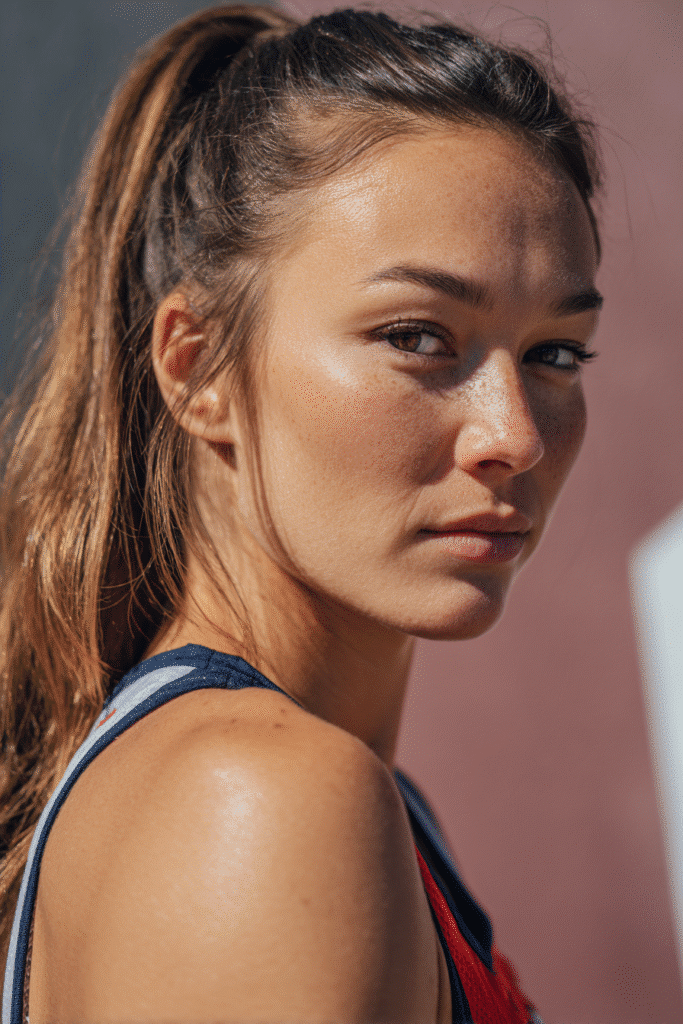 A vibrant female athlete in her 20s with shoulder-to-waist-length hair, styled in a straight voluminous ponytail with face-framing strands, captured in a close-up shot focusing on the hair, photographed against a seamless soft mauve backdrop with a glossy sheen. She has subtle makeup, a volleyball uniform, a warm skin tone, and a confident expression, captured with bright natural lighting and a sporty vibe.