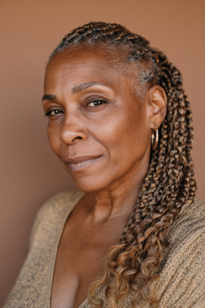 An elegant Black woman over 50 with a warm skin tone and friendly expression, showcasing subtle side-swept braid hairstyle for older Black women over 50. The hair is natural black, set against a natural forest scene backdrop with minimal texture. She wears subtle makeup and an elegant outfit suitable for mature women, captured in soft natural lighting for an Instagram-style beauty photo.