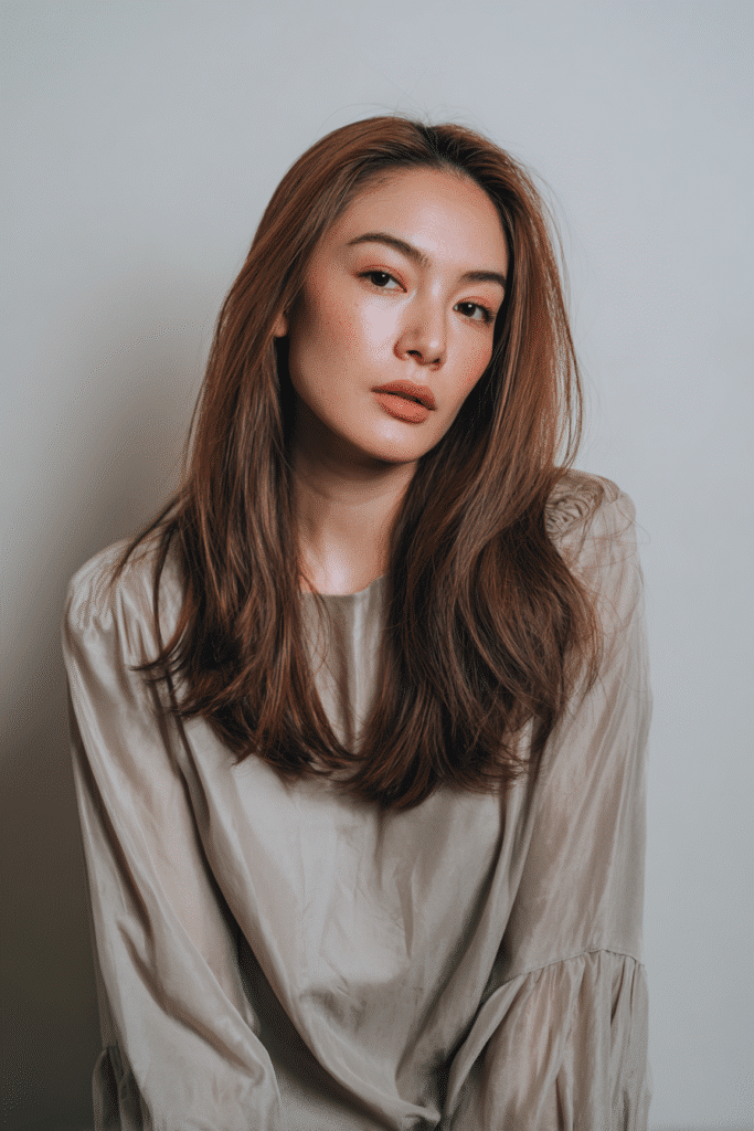 A gorgeous young woman with a natural look featuring subtly slicked-back hair with a soft sheen in a light brown shade, wearing an elegant full-length dress with chiffon long sleeves, radiant expression, warm skin tone, against a seamless soft linen backdrop with a matte finish.