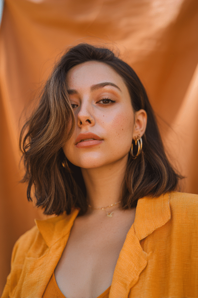 A vibrant female model in her 20s with shoulder-length lob hair, styled in a sun-kissed lob balayage with golden highlights, captured in a close-up shot focusing on the hair, photographed against a seamless warm cinnamon backdrop with a silky finish. She has subtle makeup, a trendy outfit, a warm skin tone, and a confident expression, captured with warm natural lighting and a soft glow.