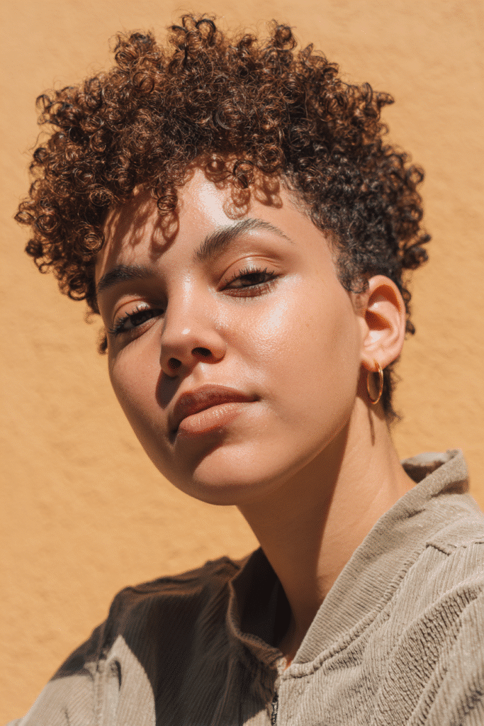 A vibrant young woman in her 20s with natural skin tone, showcasing a curly hairstyle for short hair with a TWA (teeny weeny afro) like Cynthia Erivo, featuring a tiny, tight afro with natural texture, captured in a close-up shot focusing on the hair, photographed against a seamless warm olive backdrop with a glossy sheen. She has subtle makeup, a trendy full-sleeve outfit, realistic hair texture, warm skin tone, and a confident expression, captured with soft natural lighting and an Instagram-style beauty vibe.