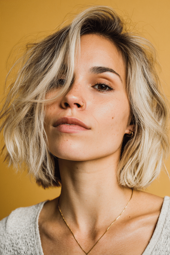 A vibrant American female model with thin hair, showcasing a Bob Cut For Thin Hair with a textured bob and beachy waves and blonde lowlights for a relaxed style, captured in a close-up shot focusing on the hair, photographed against a seamless warm gold backdrop with a glossy sheen. She has subtle makeup, an elegant outfit, realistic hair texture, warm skin tone, and a friendly expression, captured with soft natural lighting and an Instagram-style beauty vibe.