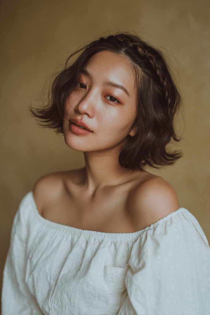 A gorgeous young female model in her 20s with natural skin tone, showcasing a prom hairstyle for short hair with a textured bob and braided crown, featuring delicate braids for elegance, captured in a close-up shot focusing on the hair, photographed against a seamless warm beige backdrop with subtle texture. She has subtle makeup, an elegant full-shirt prom dress, realistic hair texture, warm skin tone, and a friendly expression, captured with soft natural lighting and an Instagram-style beauty vibe.