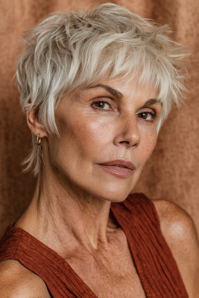 A vibrant American female model over 70 with a distinctly older appearance, showcasing a Blonde Hairstyle For Women Over 70 with a textured crop and choppy layers in blonde with silver accents, captured in a close-up shot focusing on the hair, photographed against a seamless warm bronze backdrop with a satin finish. She has subtle makeup with deeper wrinkles visible, an elegant outfit, realistic hair texture, warm skin tone, and a friendly expression, captured with soft natural lighting and an Instagram-style beauty vibe.