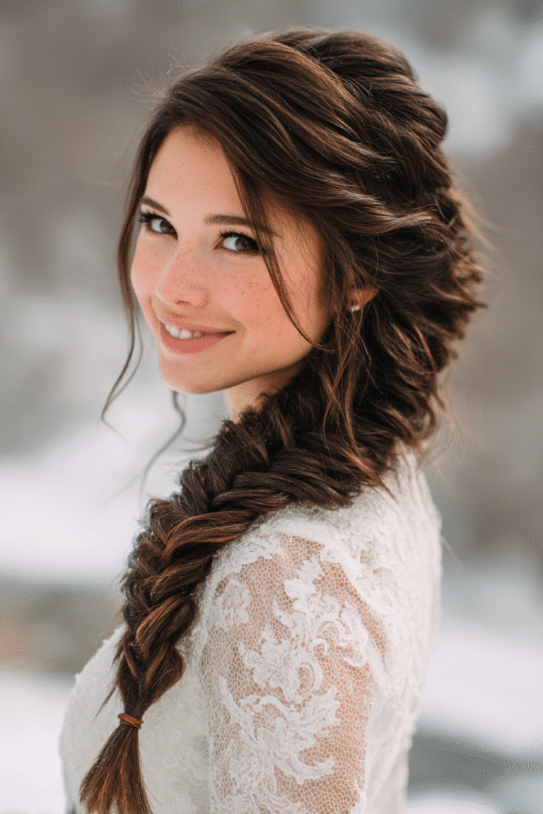 A gorgeous young Black American bride with a textured fishtail braid featuring subtle silver threads in a deep mahogany shade, wearing an elegant full-length winter wedding dress with organza long sleeves, radiant expression, warm skin tone, against a seamless soft linen backdrop with a matte finish, icy accents in a winter mood.