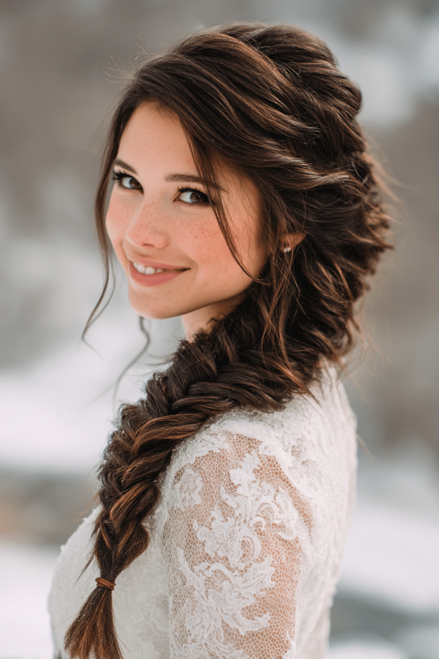 A gorgeous young Black American bride with a textured fishtail braid featuring subtle silver threads in a deep mahogany shade, wearing an elegant full-length winter wedding dress with organza long sleeves, radiant expression, warm skin tone, against a seamless soft linen backdrop with a matte finish, icy accents in a winter mood.