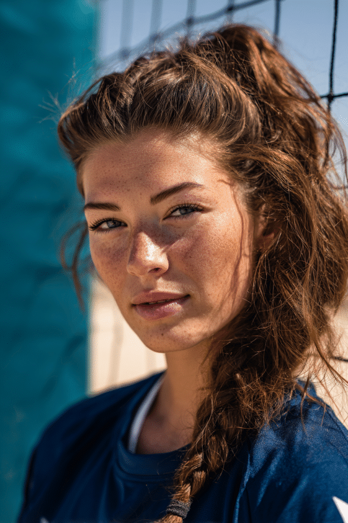 A vibrant female athlete in her 20s with shoulder-to-waist-length hair, styled in a textured high ponytail with a side braid for added grip, captured in a close-up shot focusing on the hair, photographed against a seamless deep teal backdrop with a smooth surface. She has subtle makeup, a volleyball uniform, a warm skin tone, and a confident expression, captured with bright natural lighting and a sporty vibe.