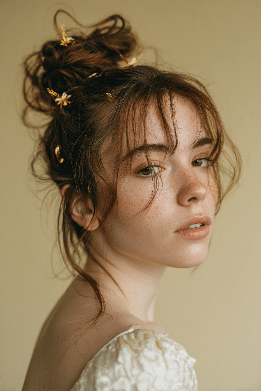 A stunning young female model in her 20s with natural skin tone, showcasing a messy bun hairstyle for wedding with a textured messy bun with gold hairpins, featuring textured layers and gold hairpins, captured in a close-up shot focusing on the hair, photographed against a seamless light gold backdrop with a matte finish. She has subtle wedding makeup, an elegant full-sleeve wedding gown, realistic hair texture, warm skin tone, and a serene expression, captured with soft natural lighting and an Instagram-style beauty vibe.