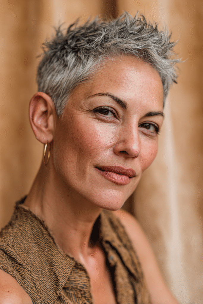 A vibrant American female model over 50 with a mature appearance, showcasing a youthful Textured Pixie Cut hairstyle with choppy layers for a playful look, captured in a close-up shot focusing on the hair, photographed against a seamless warm taupe backdrop with a silky texture. She has subtle makeup with visible aging signs, an elegant outfit, realistic hair texture with silver highlights, warm skin tone, and a friendly expression, captured with soft natural lighting and an Instagram-style beauty vibe.