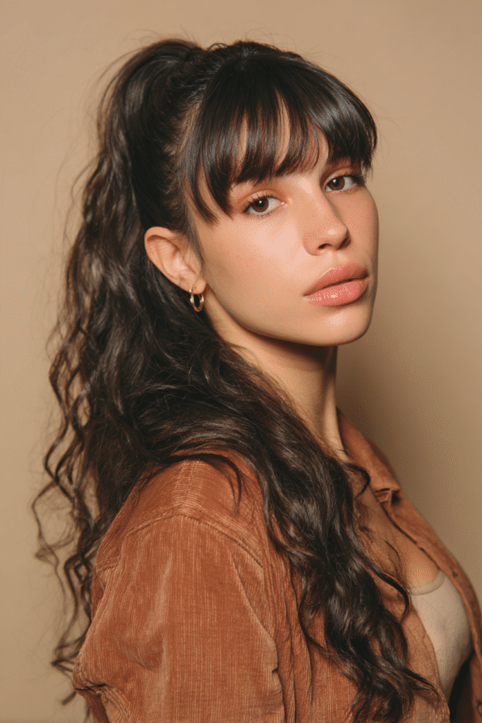 A young American female model with a warm skin tone and friendly expression, showcasing a Textured Ponytail with Choppy Micro Bangs hairstyle. The hair features loose deep waves adapted to a straight base, set against a soft gray fabric backdrop with minimal texture. She wears subtle makeup and a trendy casual outfit, captured in soft natural lighting for an Instagram-style beauty photo.