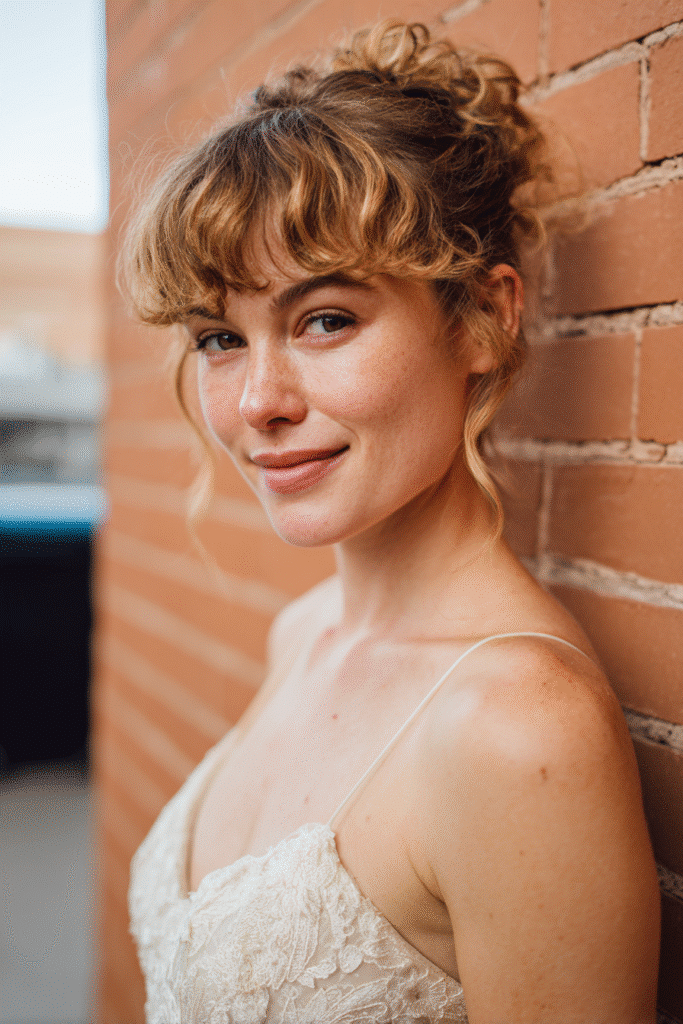 A gorgeous young American bride with a warm skin tone and friendly expression, showcasing textured updo with curly bangs wedding hairstyle. The hair is a textured updo with soft curly bangs, colored ash blonde, styled elegantly. She is dressed in an elegant bridal gown, captured in soft natural lighting with subtle makeup, set against an urban brick wall backdrop with minimal texture for an Instagram-style beauty photo.