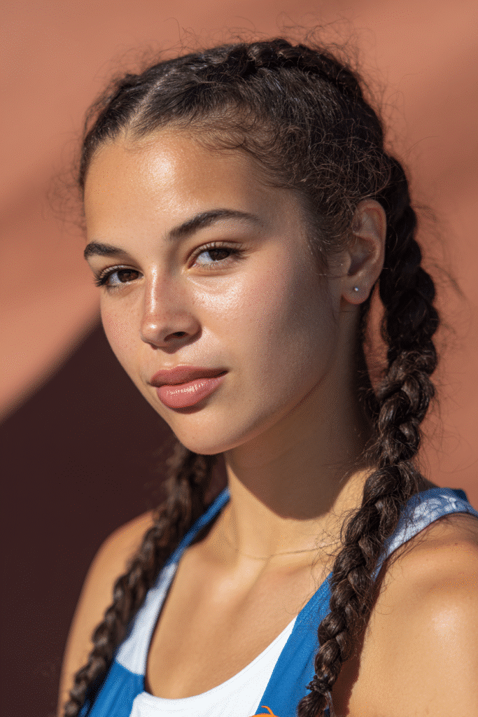 A vibrant female athlete in her 20s with shoulder-to-waist-length hair, styled in thick double Dutch braids for durability, captured in a close-up shot focusing on the hair, photographed against a seamless warm plum backdrop with a satin finish. She has subtle makeup, a volleyball uniform, a warm skin tone, and a confident expression, captured with bright natural lighting and a sporty vibe.