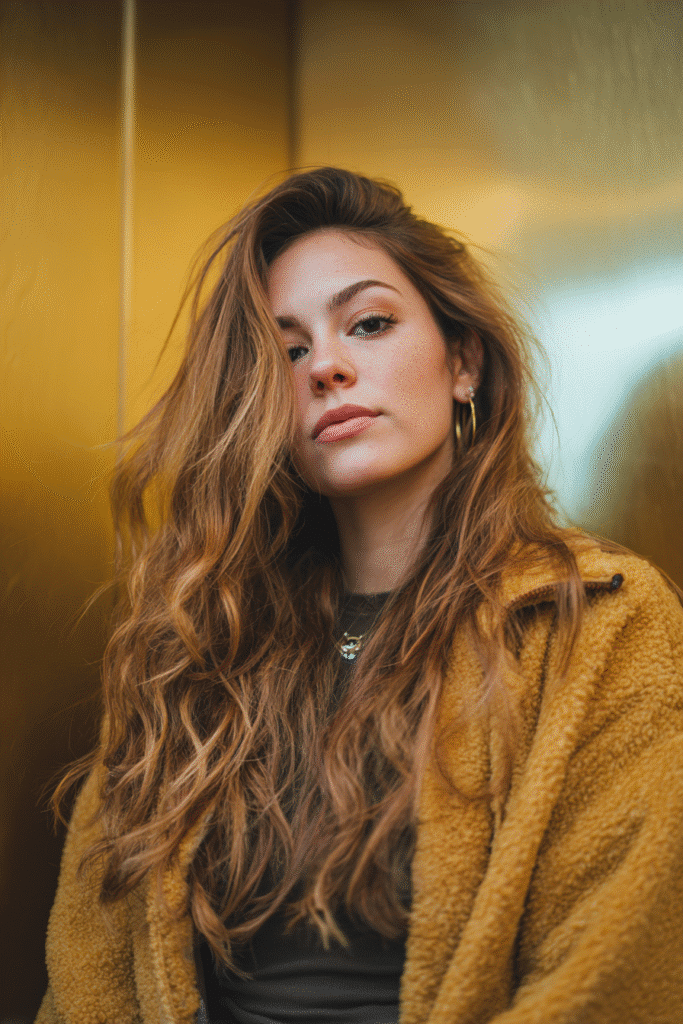 A vibrant female model in her 20s with shoulder-to-waist-length hair, styled in a toffee color melt balayage with warm caramel highlights, captured in a close-up shot focusing on the hair, photographed against a seamless warm gold backdrop with a glossy sheen. She has subtle makeup, a trendy outfit, a warm skin tone, and a confident expression, captured with warm natural lighting and a soft glow.