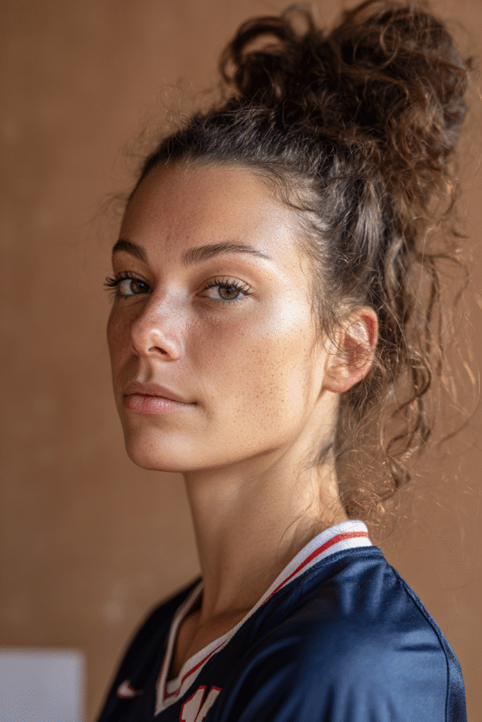 A vibrant female athlete in her 20s with shoulder-to-waist-length hair, styled in a top knot bun for volleyball with a high, secure hold, captured in a close-up shot focusing on the hair, photographed against a seamless warm mocha backdrop with a satin finish. She has subtle makeup, a volleyball uniform, a warm skin tone, and a confident expression, captured with bright natural lighting and a sporty vibe.