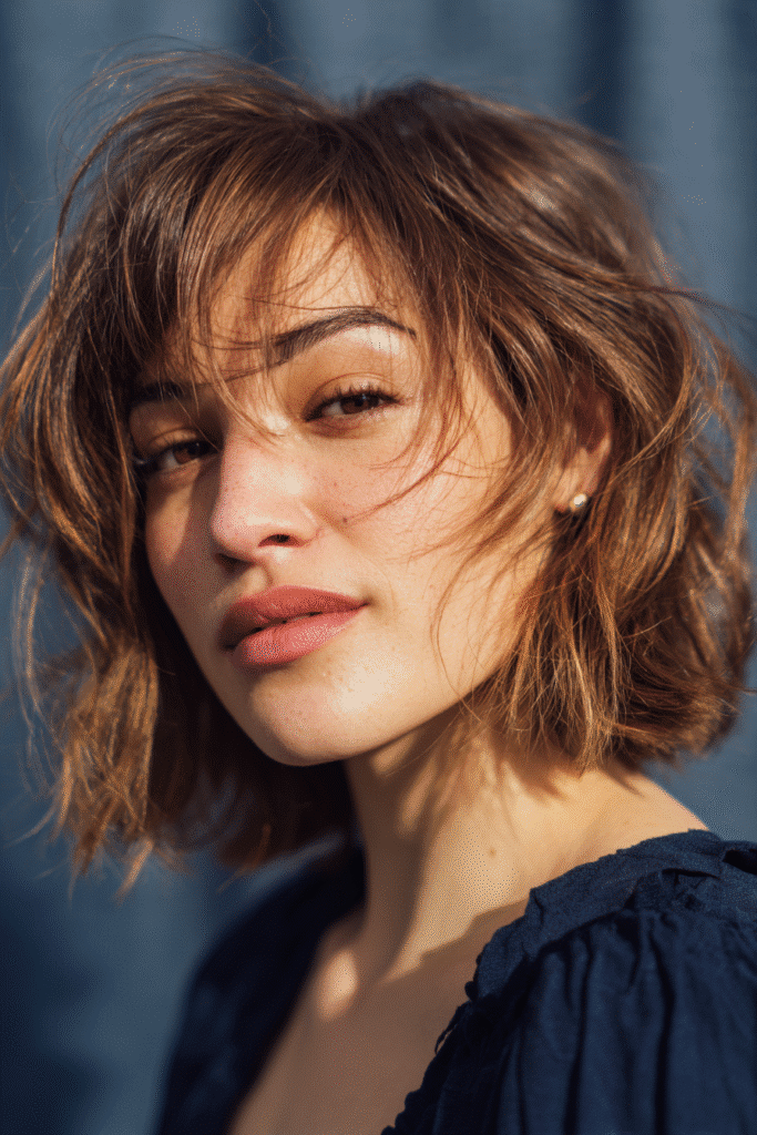 A vibrant American female model with thin hair, showcasing a Bob Cut For Thin Hair with a tousled bob and bronde balayage for a blended look, captured in a close-up shot focusing on the hair, photographed against a seamless soft navy backdrop with a glossy sheen. She has subtle makeup, an elegant outfit, realistic hair texture, warm skin tone, and a friendly expression, captured with soft natural lighting and an Instagram-style beauty vibe.