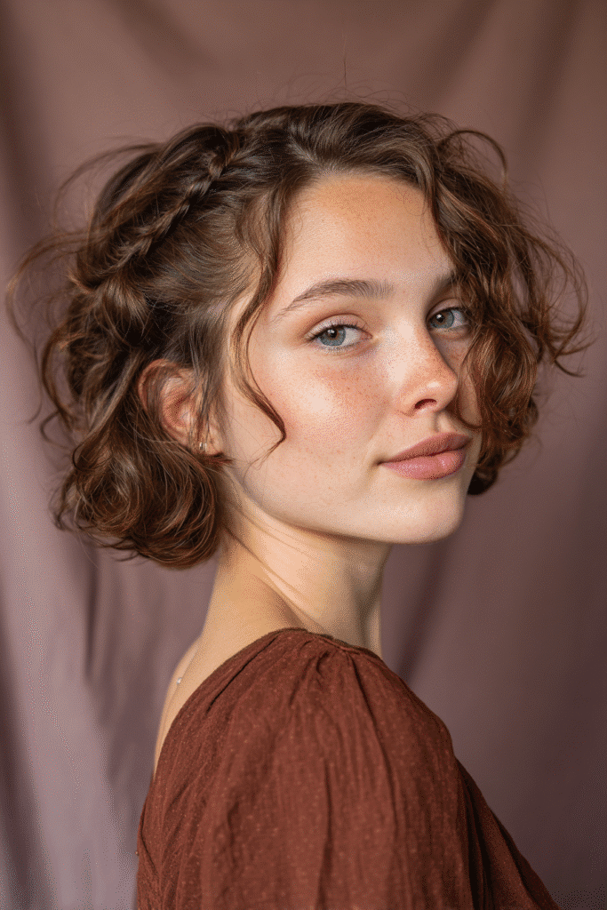 A gorgeous young female model in her 20s with natural skin tone, showcasing a prom hairstyle for short hair with a tousled bob and side braid, featuring a thin side braid for texture, captured in a close-up shot focusing on the hair, photographed against a seamless warm plum backdrop with satin texture. She has subtle makeup, an elegant full-shirt prom dress, realistic hair texture, warm skin tone, and a friendly expression, captured with soft natural lighting and an Instagram-style beauty vibe.