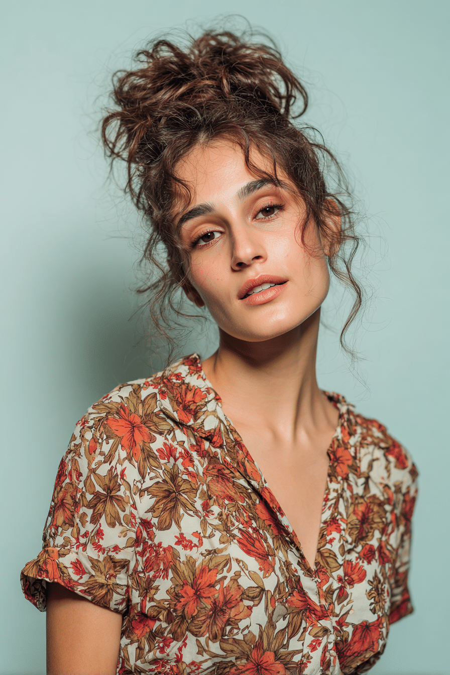 A vibrant young female model in her 20s with natural skin tone, showcasing a 90s messy updo with a tousled high updo, featuring voluminous layers, captured in a close-up shot focusing on the hair, photographed against a seamless light teal backdrop with a glossy sheen. She has subtle makeup, a retro full-shirt 90s outfit, realistic hair texture, warm skin tone, and a friendly expression, captured with soft natural lighting and an Instagram-style beauty vibe.