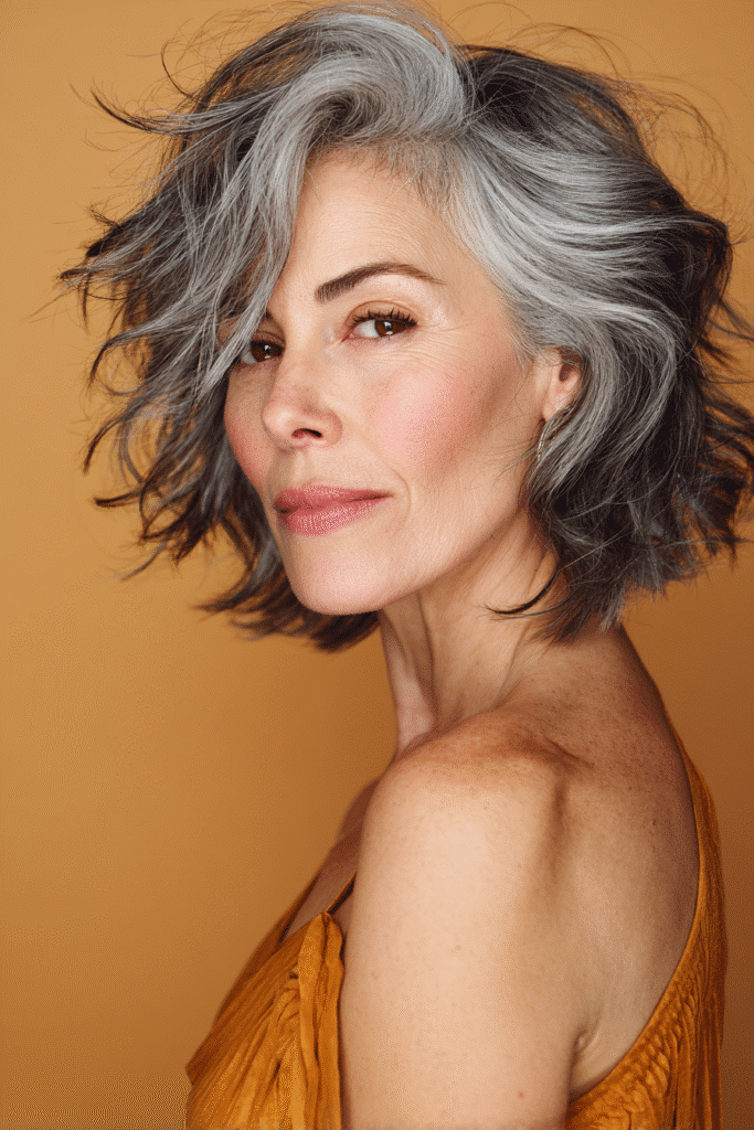A vibrant American female model over 50 with a mature appearance, showcasing a youthful Tousled Lob with Highlights hairstyle with messy waves and subtle highlights for a lively effect, captured in a close-up shot focusing on the hair, photographed against a seamless warm saffron backdrop with a satin finish. She has subtle makeup with visible aging signs, an elegant outfit, realistic hair texture with silver strands, warm skin tone, and a friendly expression, captured with soft natural lighting and an Instagram-style beauty vibe.