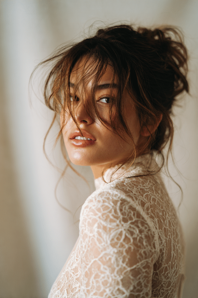 A gorgeous young bride with a natural look showcasing a textured tousled updo with face-framing strands in a warm hazelnut shade, wearing an elegant full-length wedding dress with lace long sleeves, radiant expression, warm skin tone, against a seamless soft linen backdrop with a matte finish