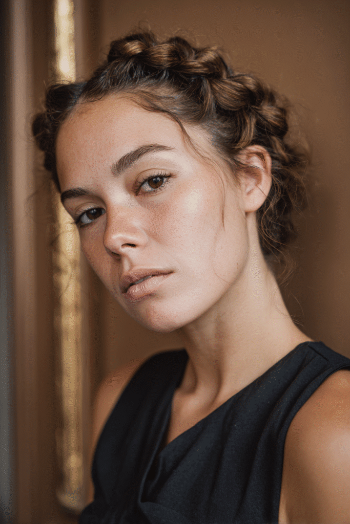 A stunning young woman in her 20s with natural skin tone, showcasing a homecoming hairstyle with a twisted crown braid, featuring twisted sections in a crown braid, captured in a close-up shot focusing on the hair, photographed against a seamless warm bronze backdrop with a satin finish. She has subtle makeup, a chic homecoming dress, realistic hair texture, warm skin tone, and a confident expression, captured with soft natural lighting and an Instagram-style beauty vibe.