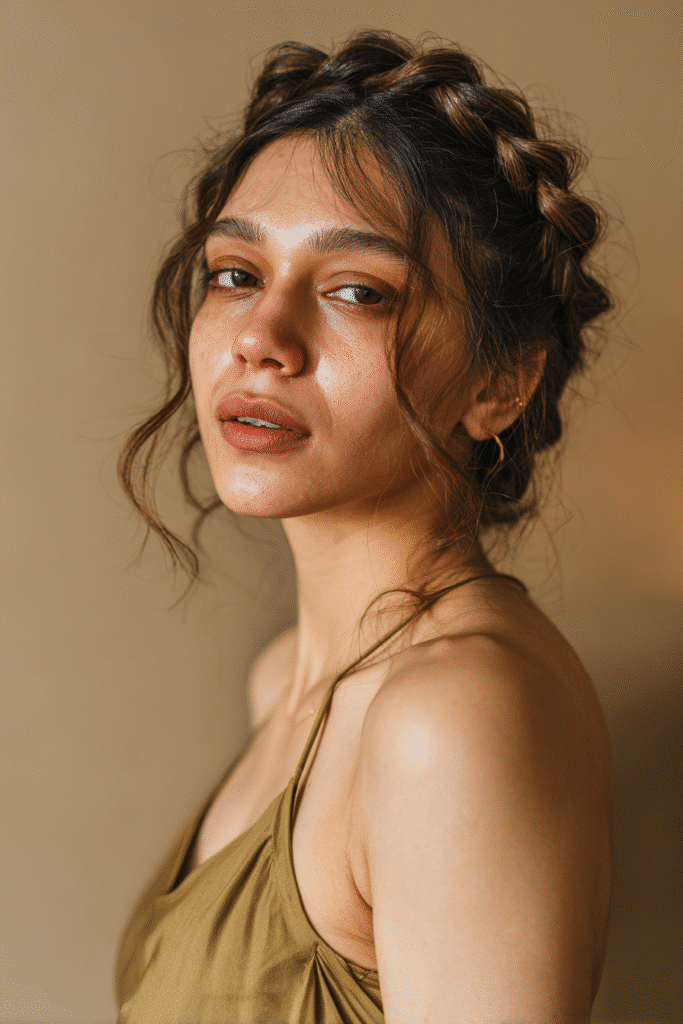 A stunning young woman in her 20s with natural skin tone, showcasing a homecoming hairstyle for medium hair with a twisted crown braid, featuring twisted sections in a crown braid with medium-length hair, captured in a close-up shot focusing on the hair, photographed against a seamless warm olive backdrop with a glossy sheen. She has subtle makeup, a chic homecoming dress, realistic hair texture, warm skin tone, and a confident expression, captured with soft natural lighting and an Instagram-style beauty vibe.